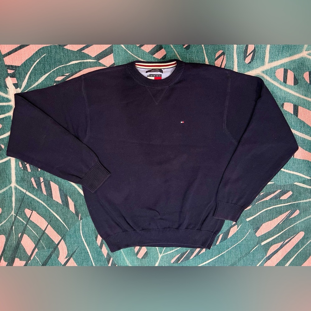 Vintage Tommy Hilfiger Knit Crewneck Sweater With Embroidered Logo Solid Color